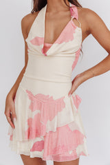 Sumi Cowl Ruffle Mini Dress Floral Blush