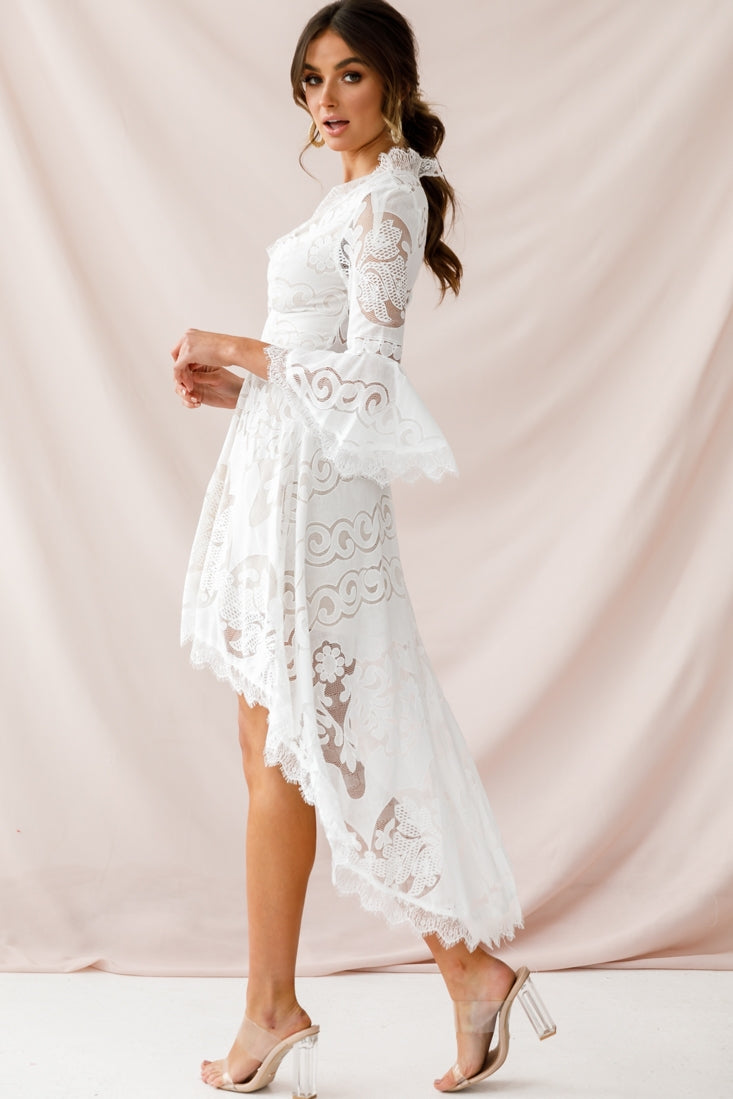 Chantilly High-Low Bell Sleeve Dress White