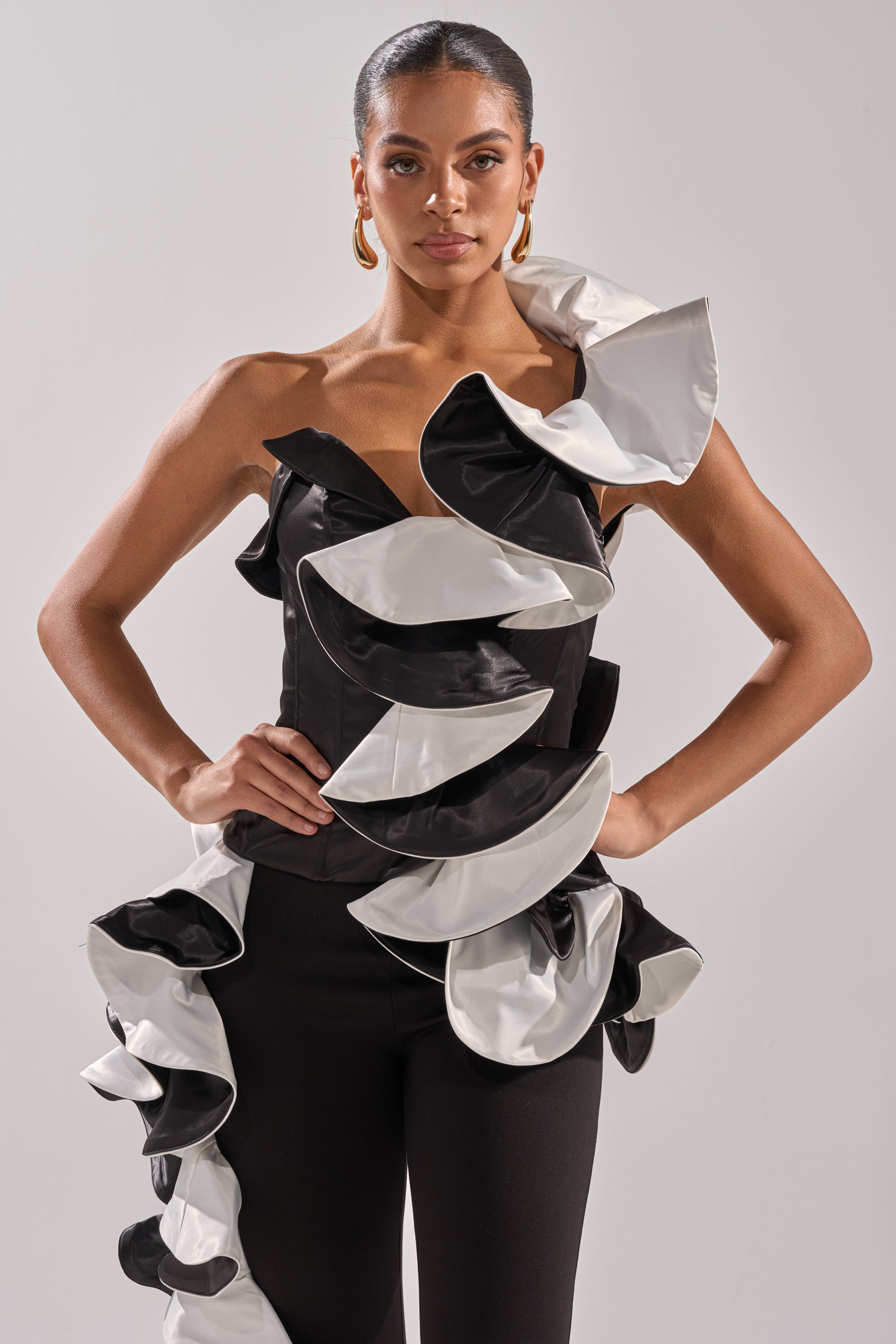SNOB IS A HABIT RUFFLE DETAIL SATIN TOP