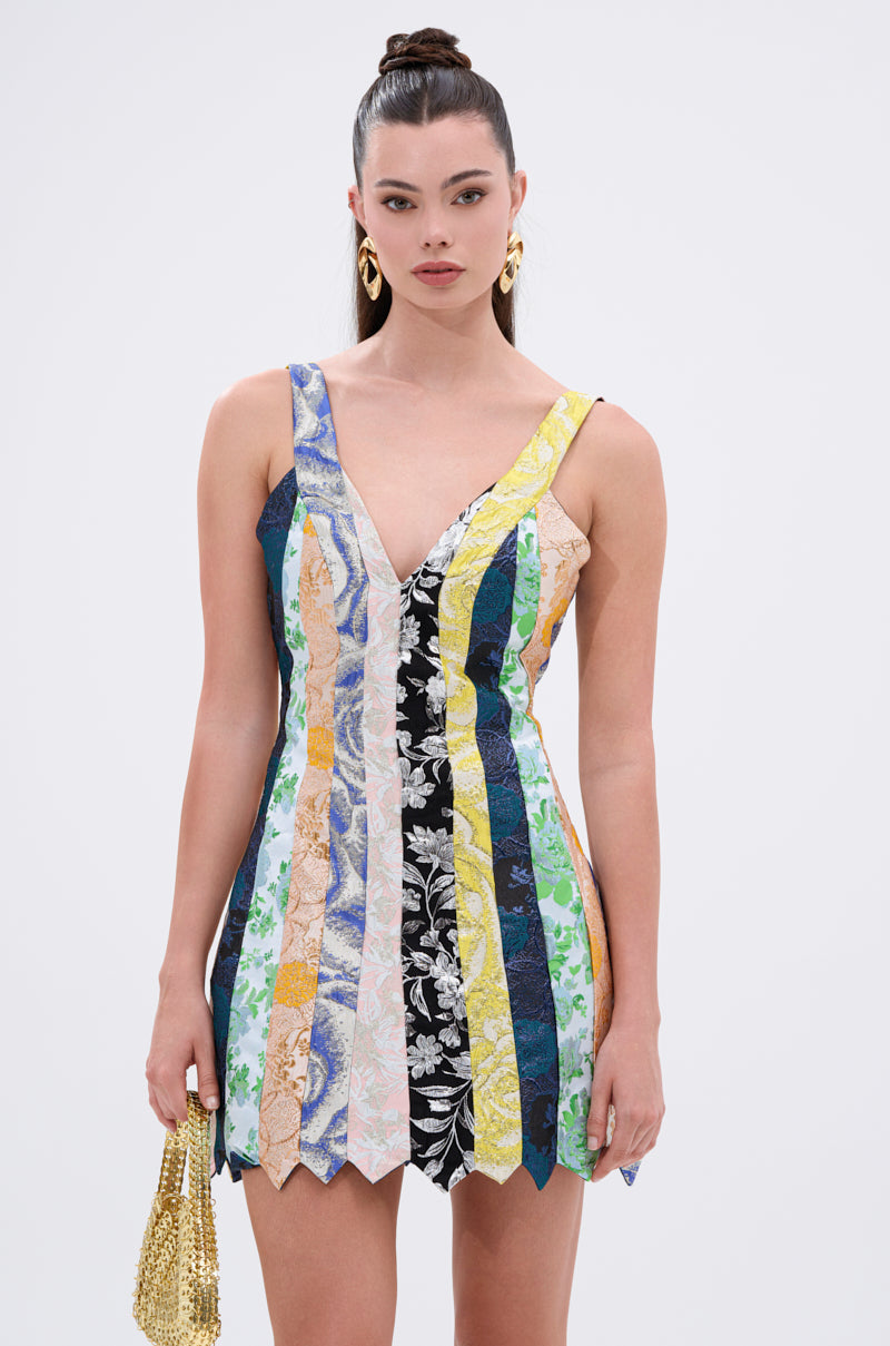 TIE ME DOWN AGAIN MINI DRESS IN BROCADE