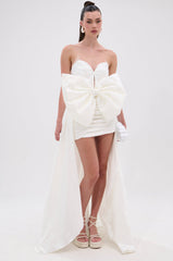 SHE IS THE MOMENT MINI DRESS WITH TRAIN IN WHITE