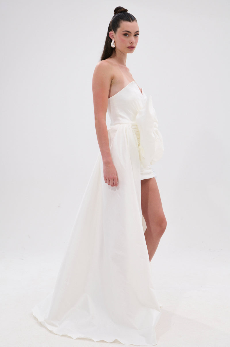 SHE IS THE MOMENT MINI DRESS WITH TRAIN IN WHITE