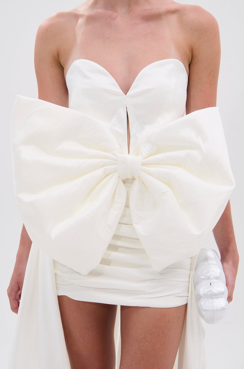 SHE IS THE MOMENT MINI DRESS WITH TRAIN IN WHITE
