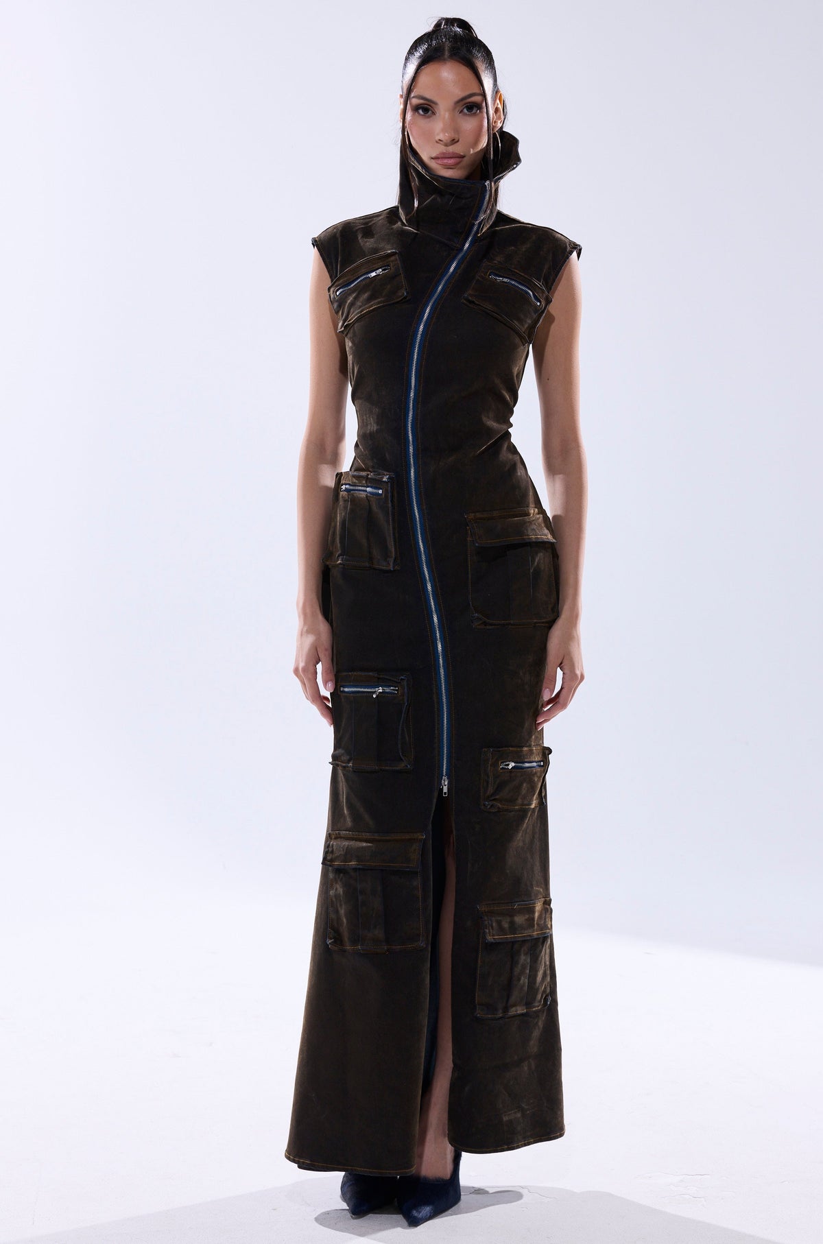 NOW YOU SEE ME VELVET DENIM MAXI DRESS