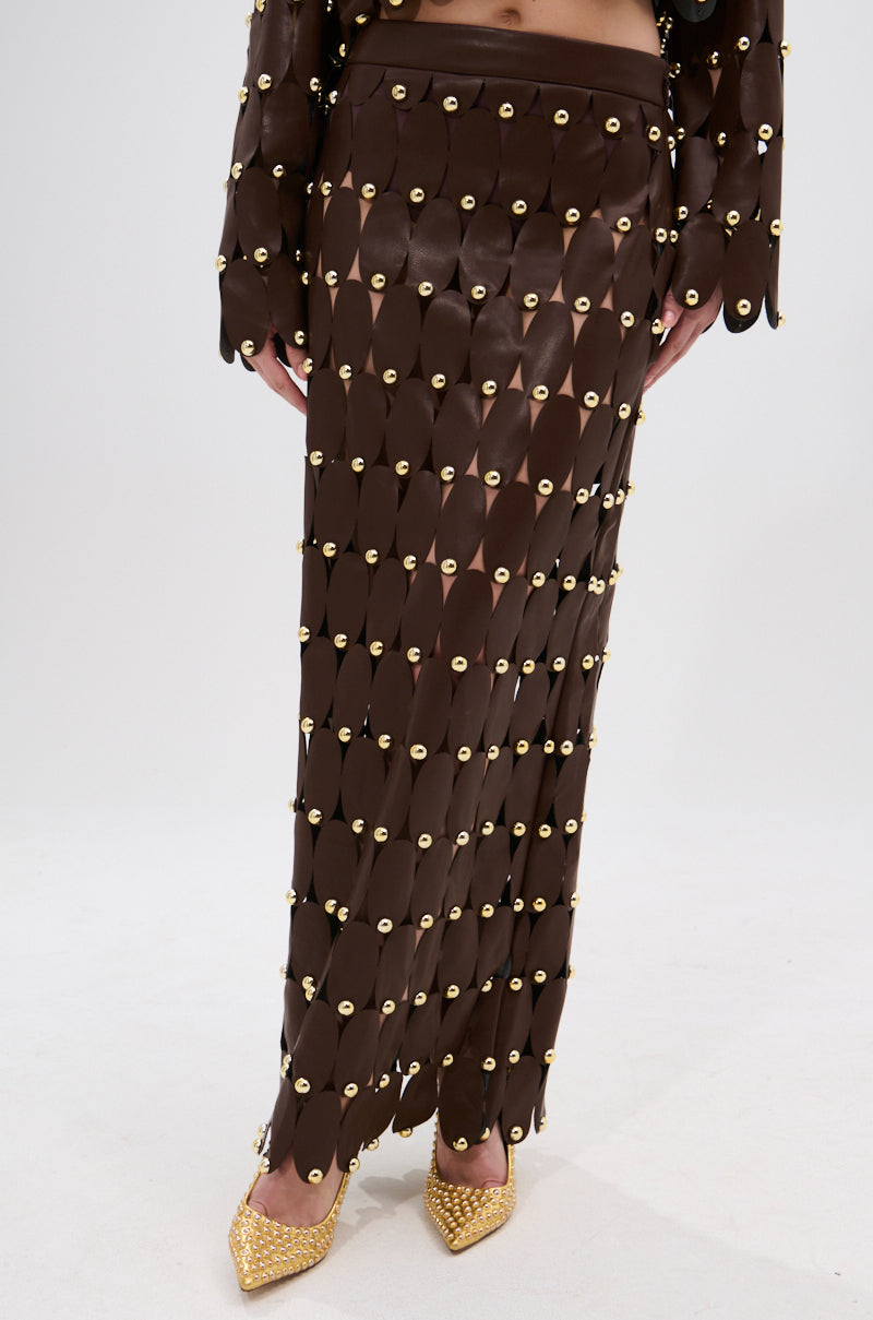 SNEAK PEEK STUDDED PU MIDI SKIRT IN BROWN