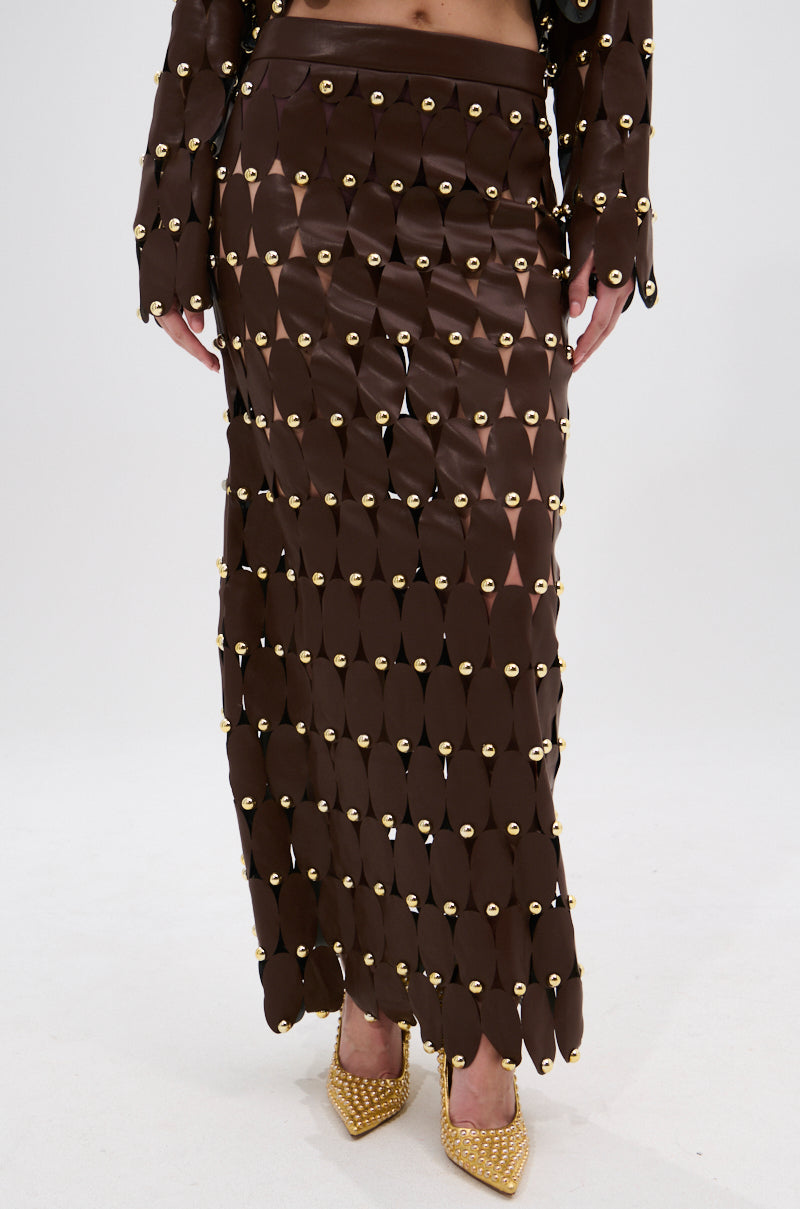 SNEAK PEEK STUDDED PU MIDI SKIRT IN BROWN