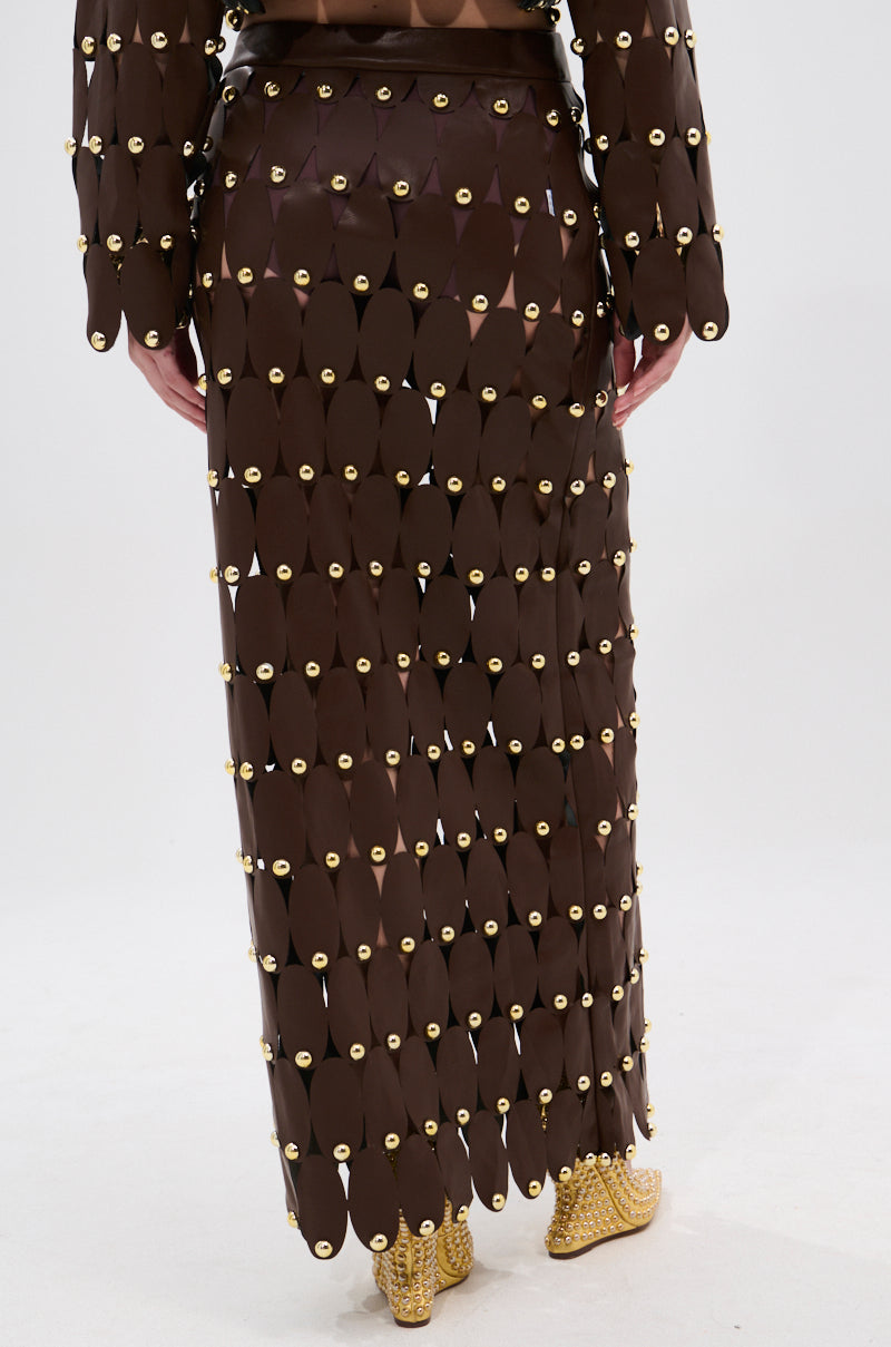 SNEAK PEEK STUDDED PU MIDI SKIRT IN BROWN