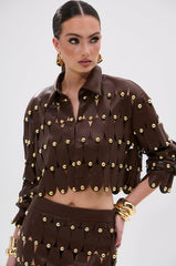SNEAK PEEK STUDDED PU CROP CARDIGAN IN BROWN