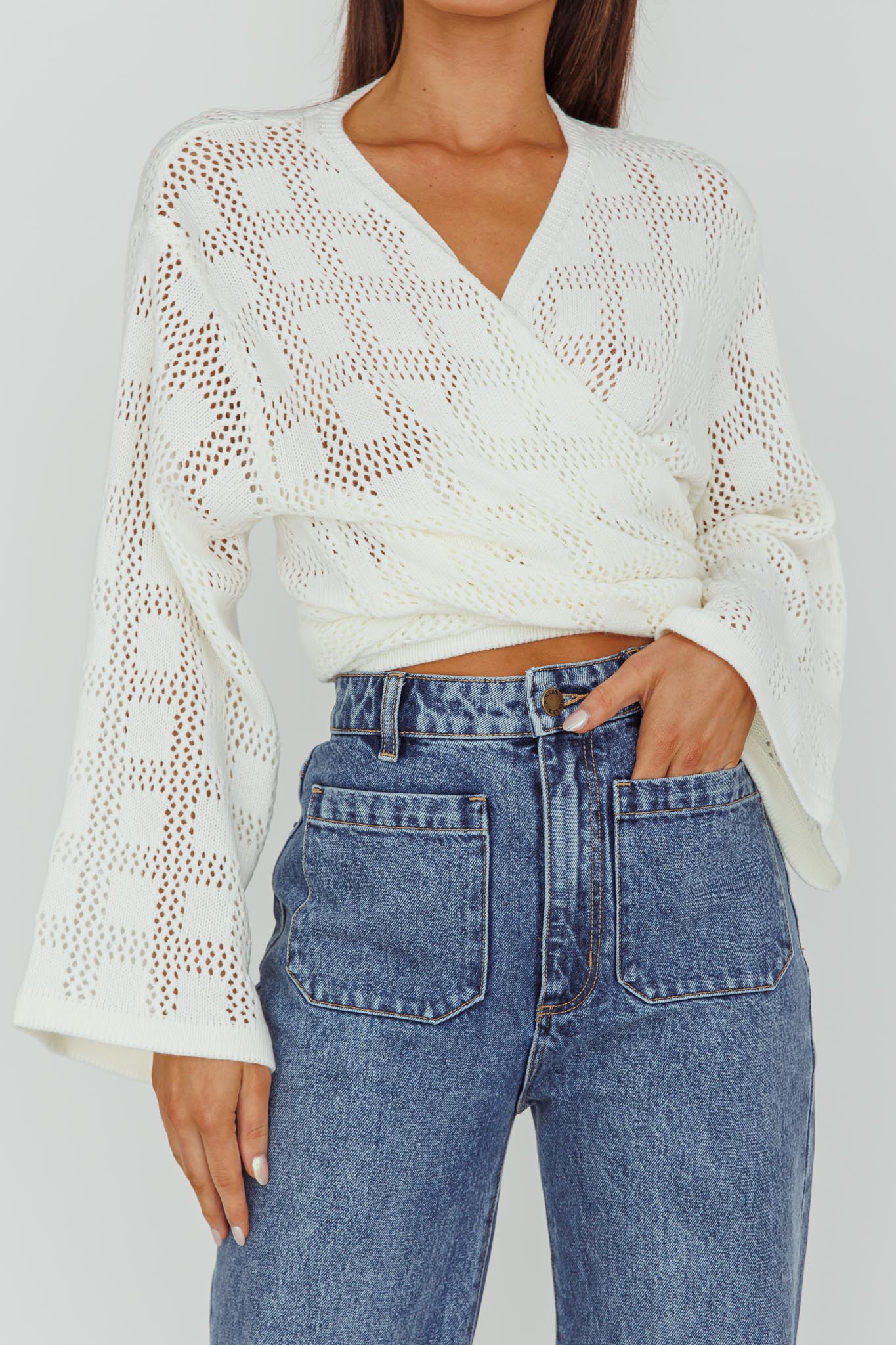 Rivera Deep-V Waist-Tie Top Crochet White
