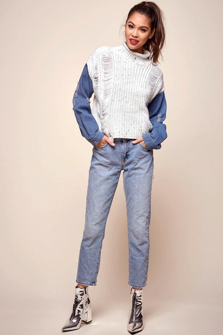 Dawn Denim Sleeved Knit Sweater Marble Blue