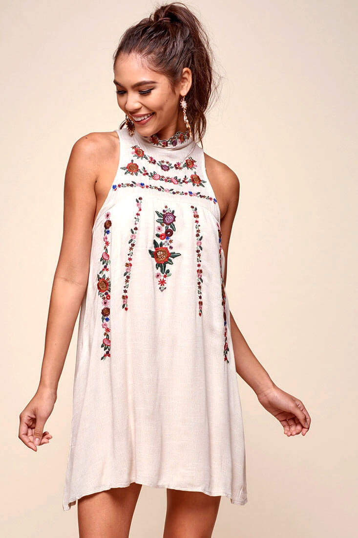 Shonda Floral Embroidered Detail Mid-Length Dress Beige