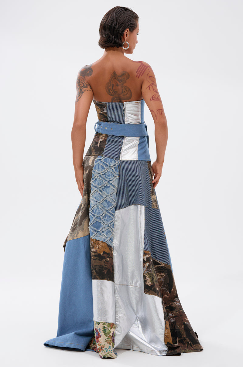 STRAPLESS TRENCH MAXI DRESS WITH PATCHWORK DETAIL