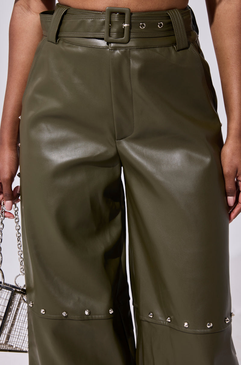 STUDDED FAUX LEATHER BELTED PANT