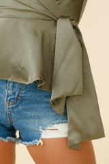 Laural Side-Tie Wrap Top Khaki