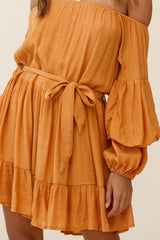 Frida Off-Shoulder Waist Tie Dress Tan