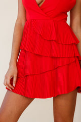 Mercy Surplice Neckline Accordion Pleat Dress Red