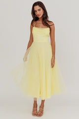Floating By Pleated Neckline Mesh Midi Dress Yellow