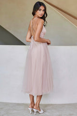Floating By Plunging Neckline Mesh Overlay Midi Dress Apricot