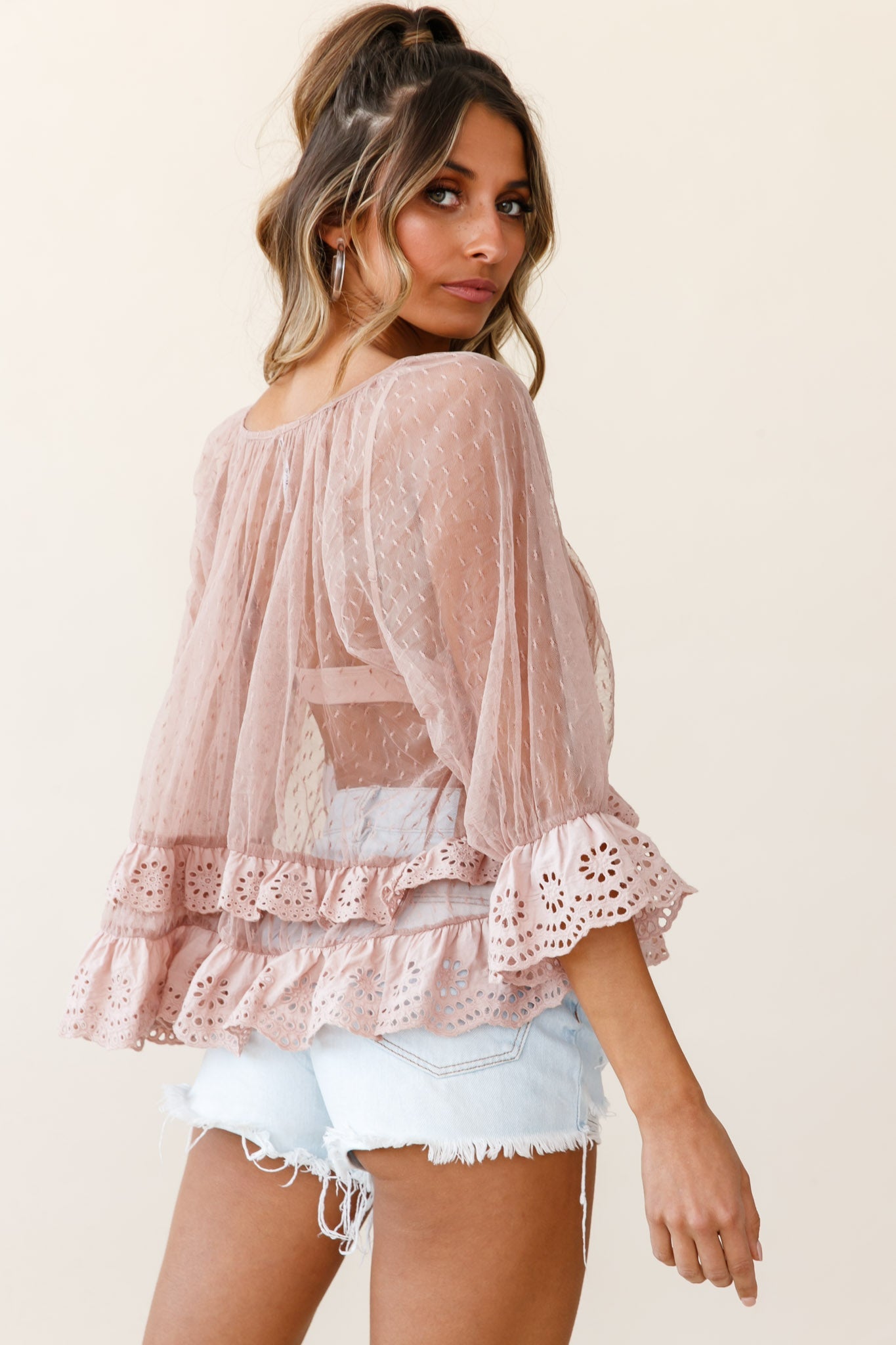 Kiana Adjustable Neckline Tie Hail Spot Mesh Top Mocha