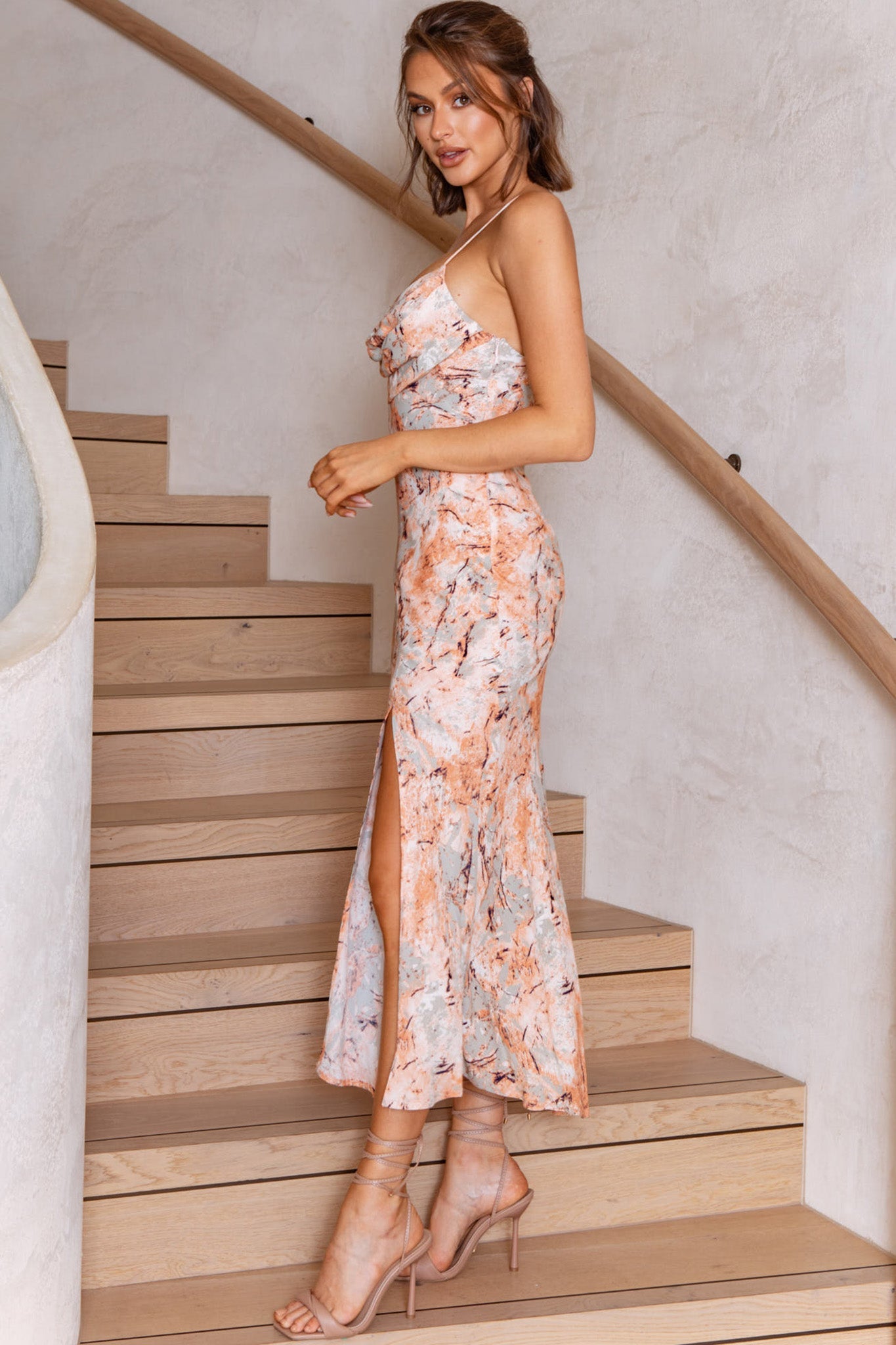 Well Versed Pleated Bust Front Split Dress Marble Print Orange