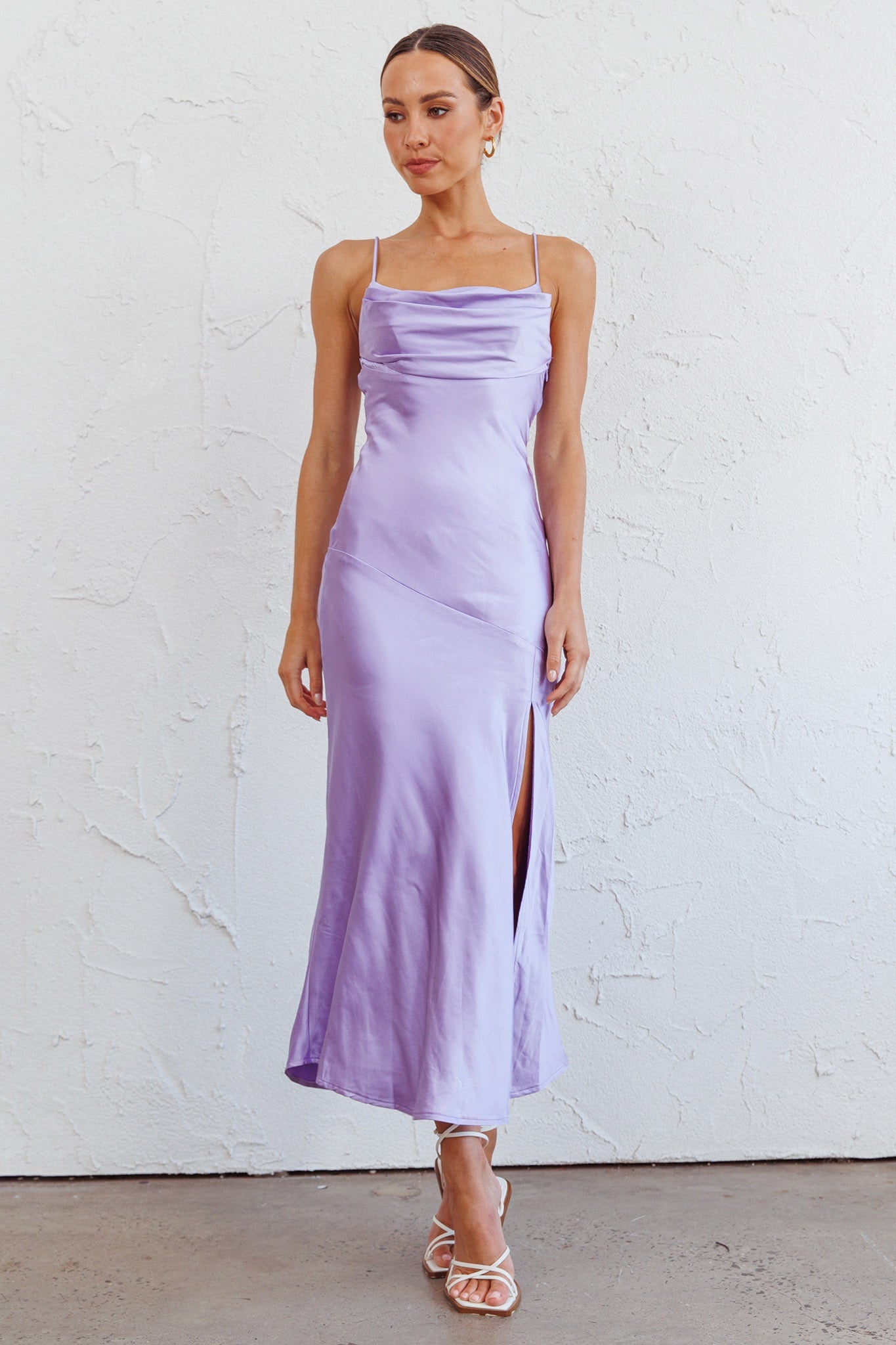 Well Versed Pleated Bust Front Split Dress Lavender