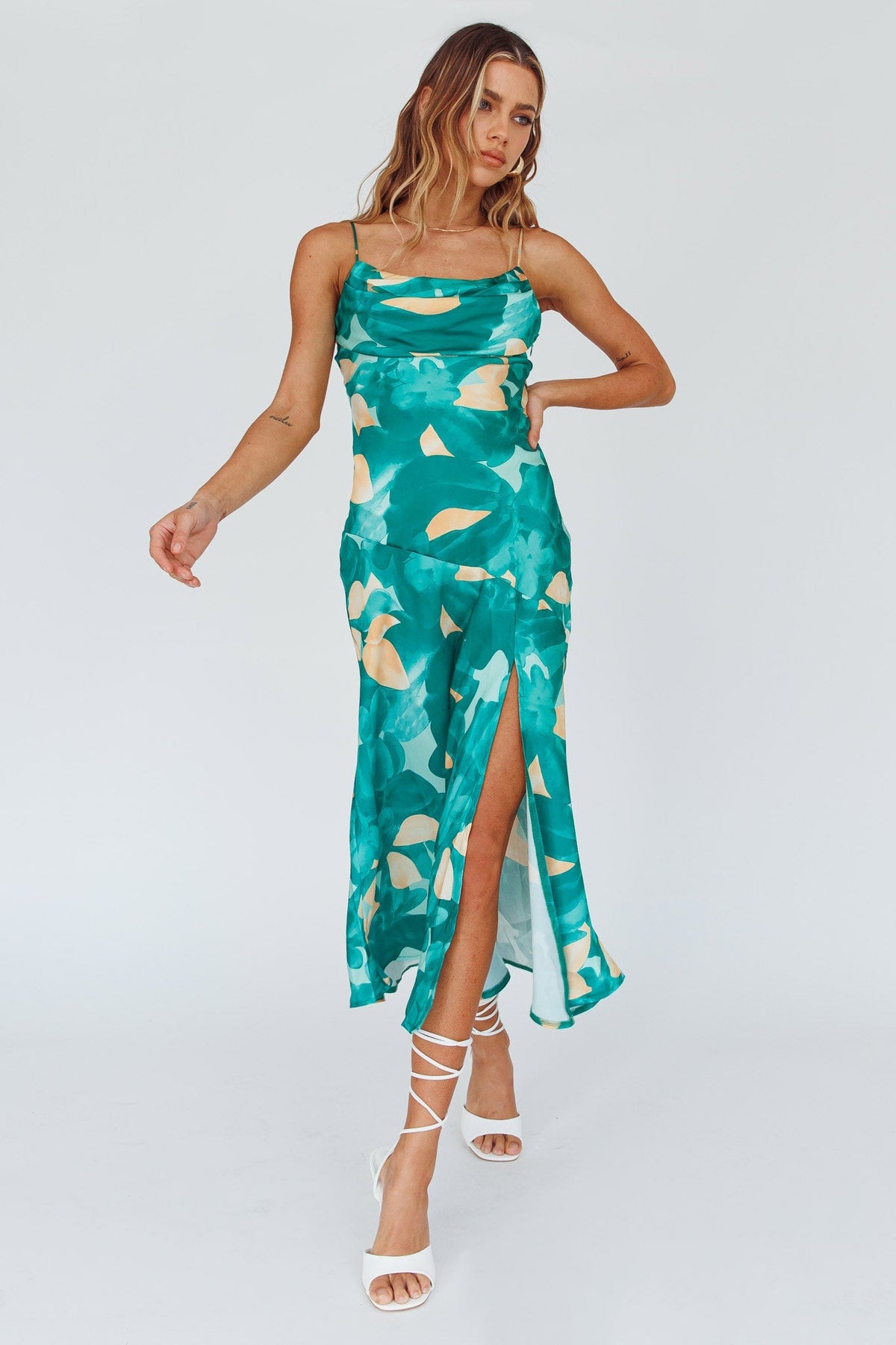 Well Versed Pleated Bust Front Split Dress Flora Green