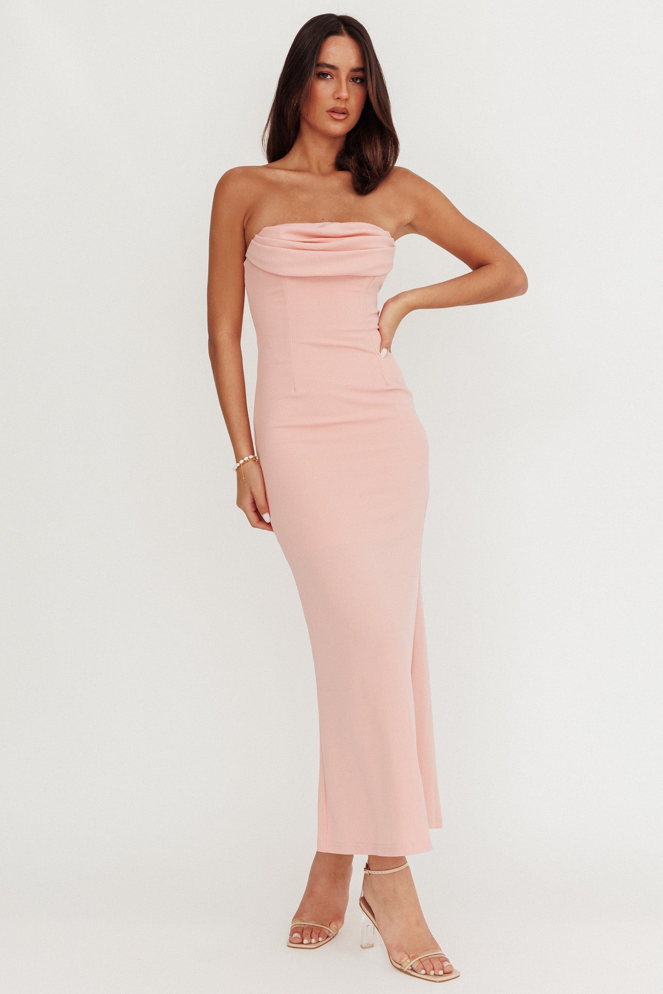 Well Versed Strapless Pleat Bust Maxi Dress Pink