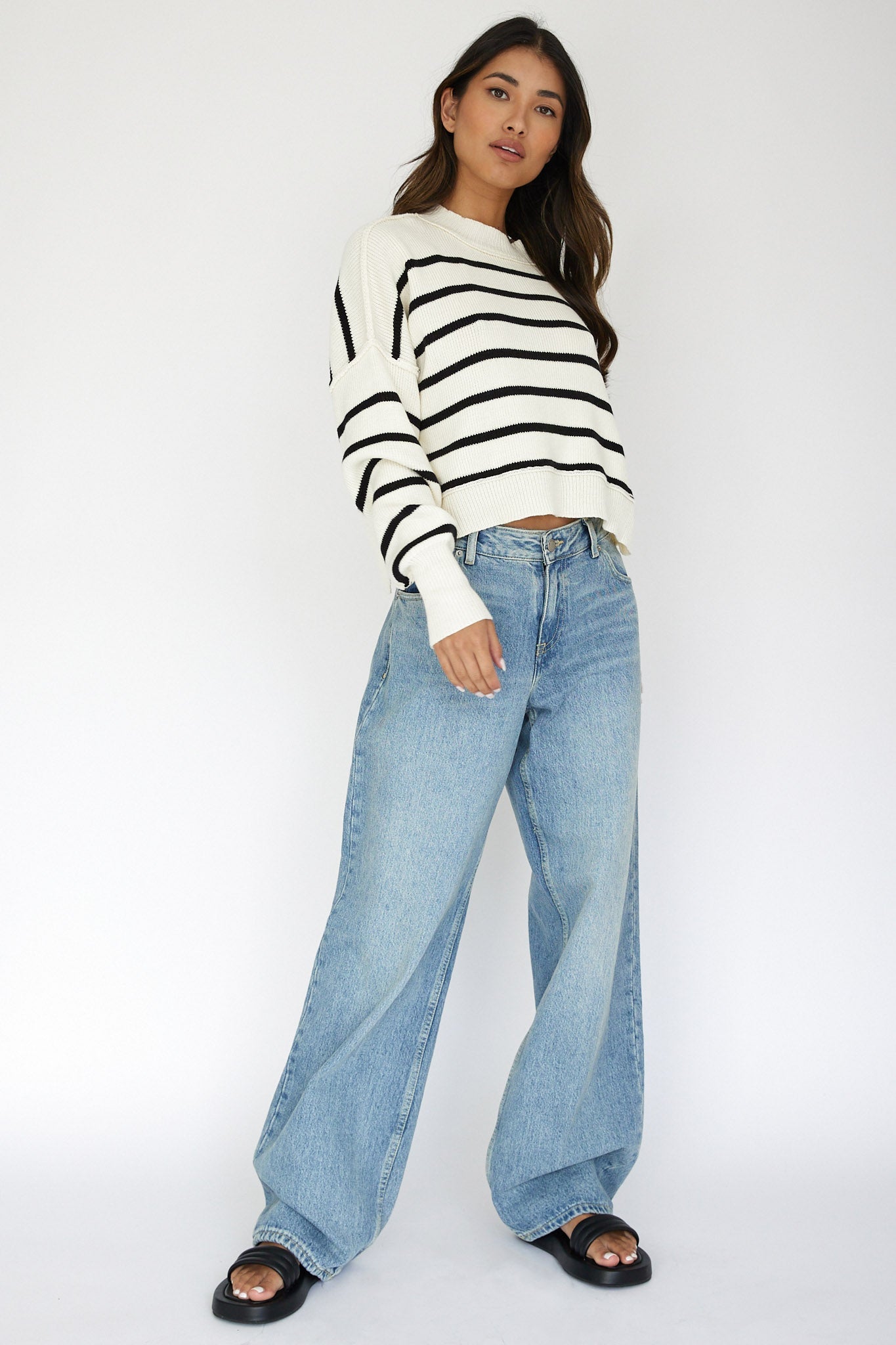 Fly High Drop Shoulder Knit Sweater Stripe Beige