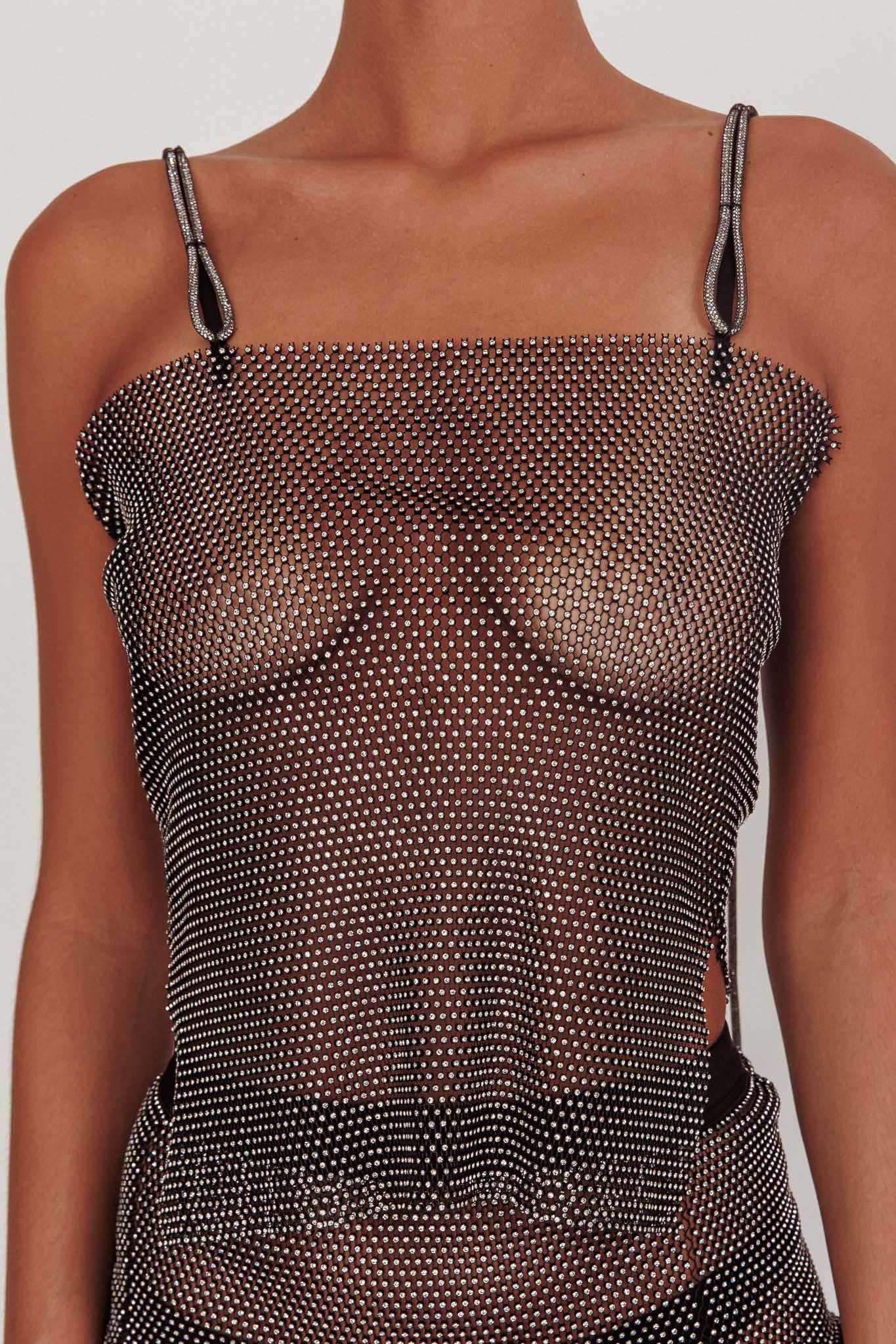 Glamazon Rhinestone Mesh Cami Top Black