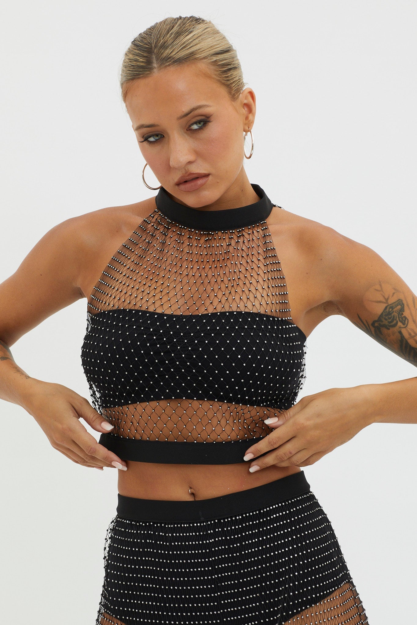 Moon Rock Diamante Mesh Top Black