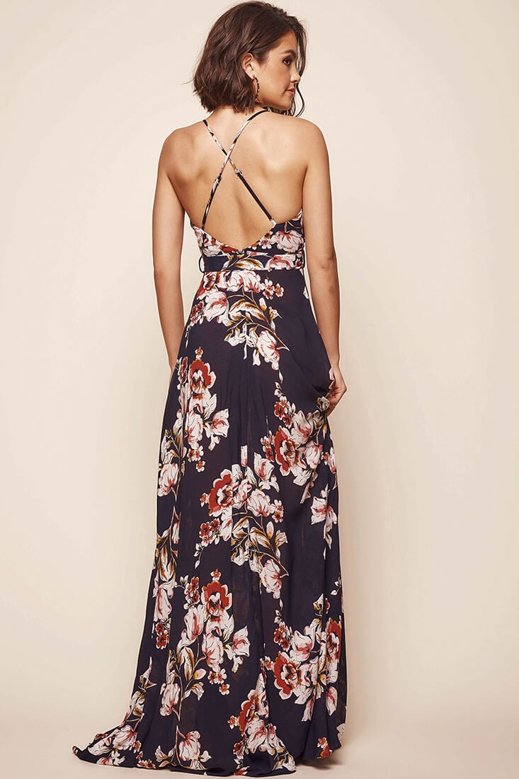 Calabasas Floral Waist Tie Maxi Dress Navy