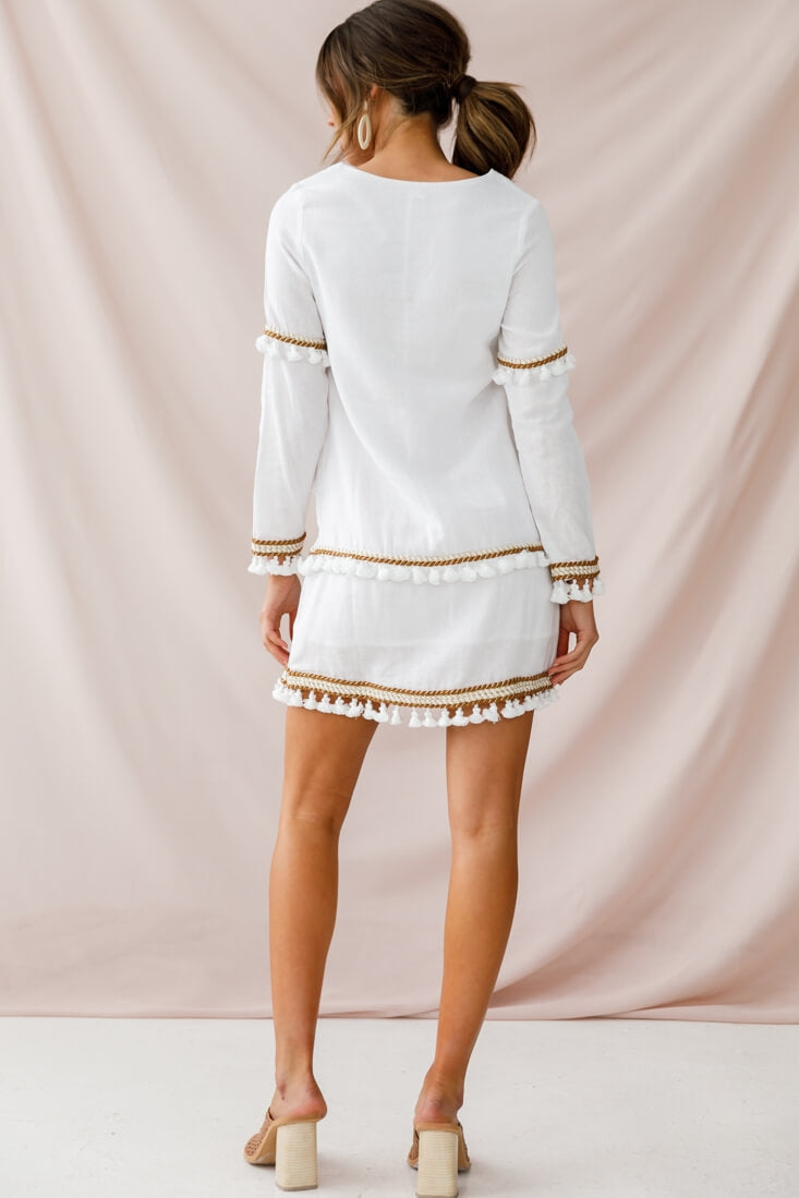 Leticia Tassel Trim Shift Dress White