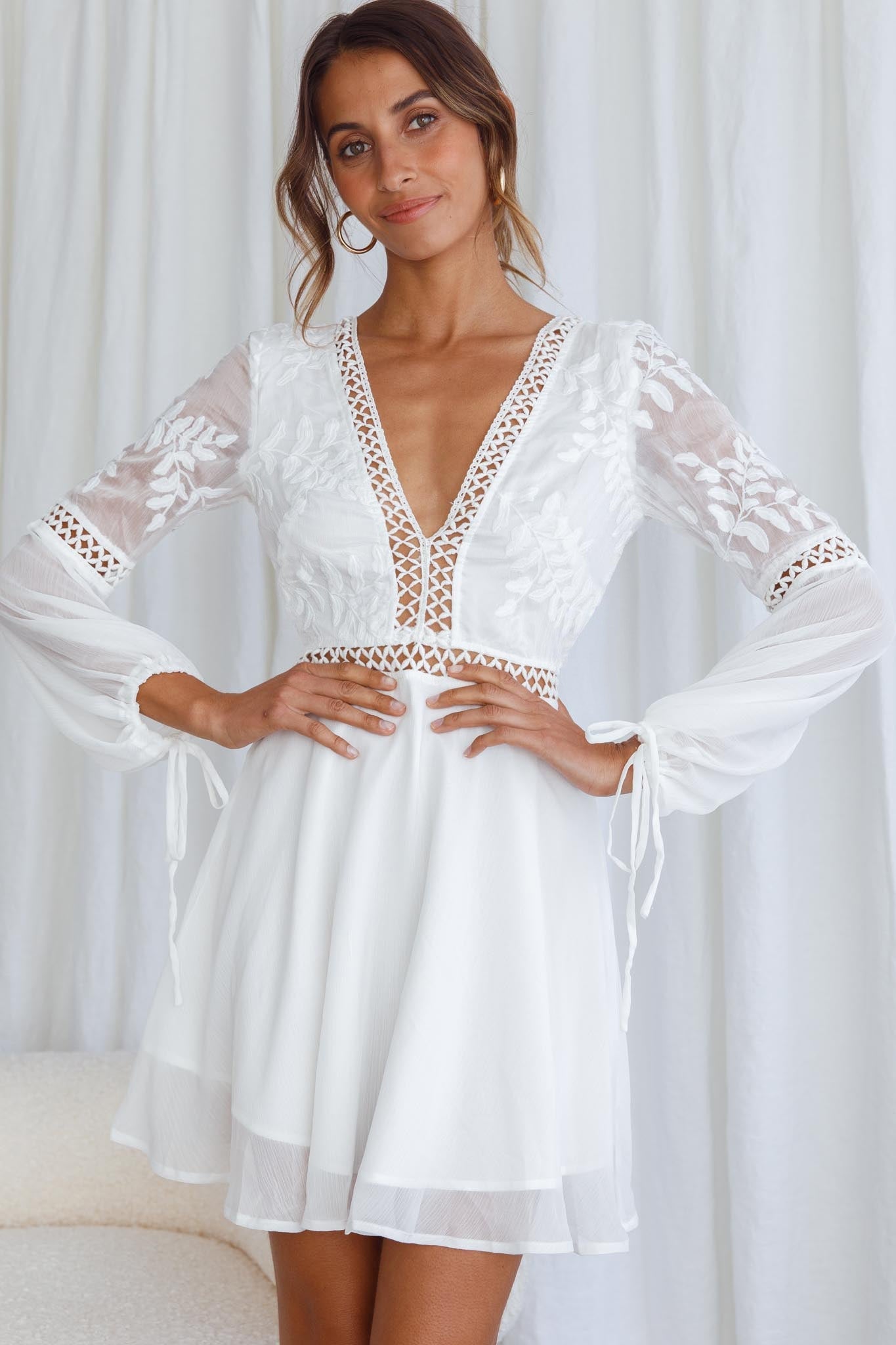 Carson Crochet Bell Sleeve Dress White