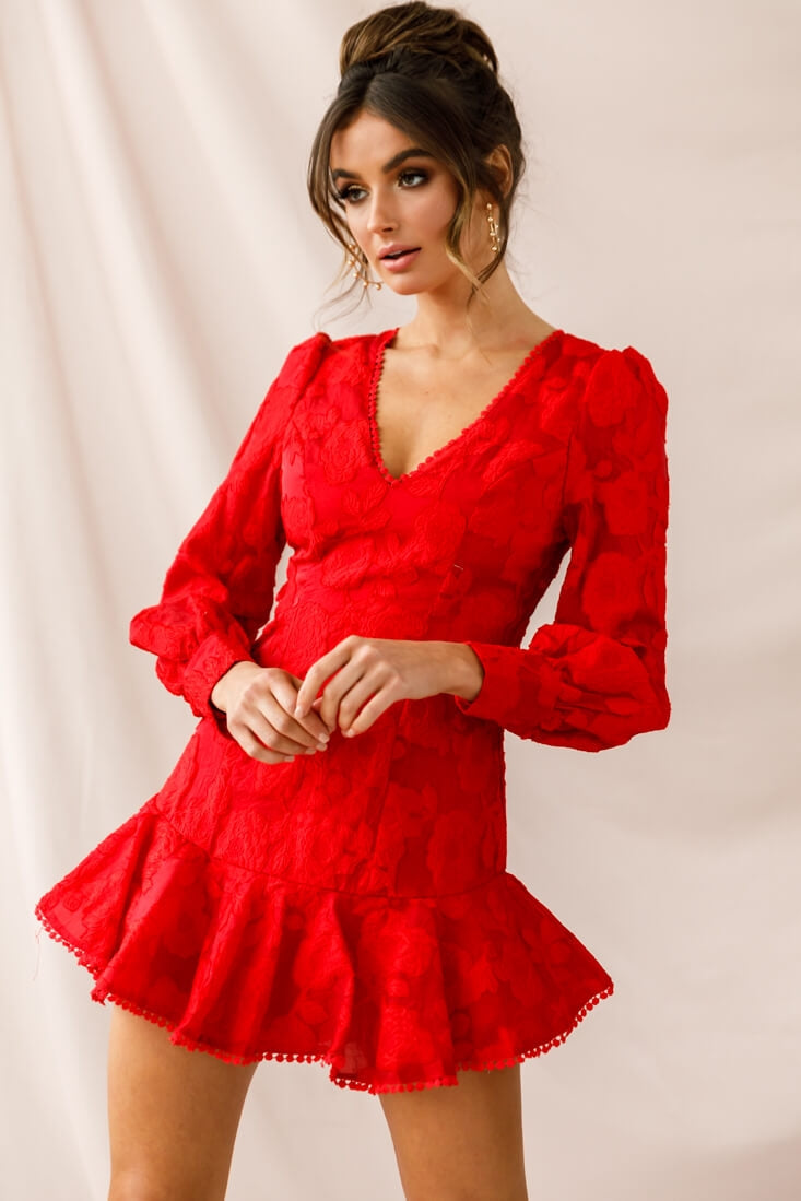 Camellia Open Back Cuff Sleeve Dress Red
