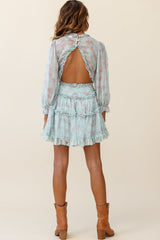 Laney Cutout Back Ruffle Trim Dress Leaves Print Mint