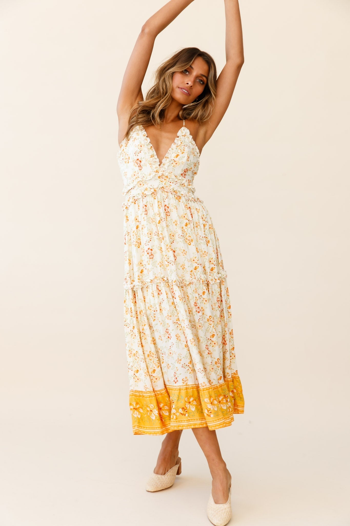 Laney Low Back Cami Strap Midi Dress Hibiscus Print Mustard
