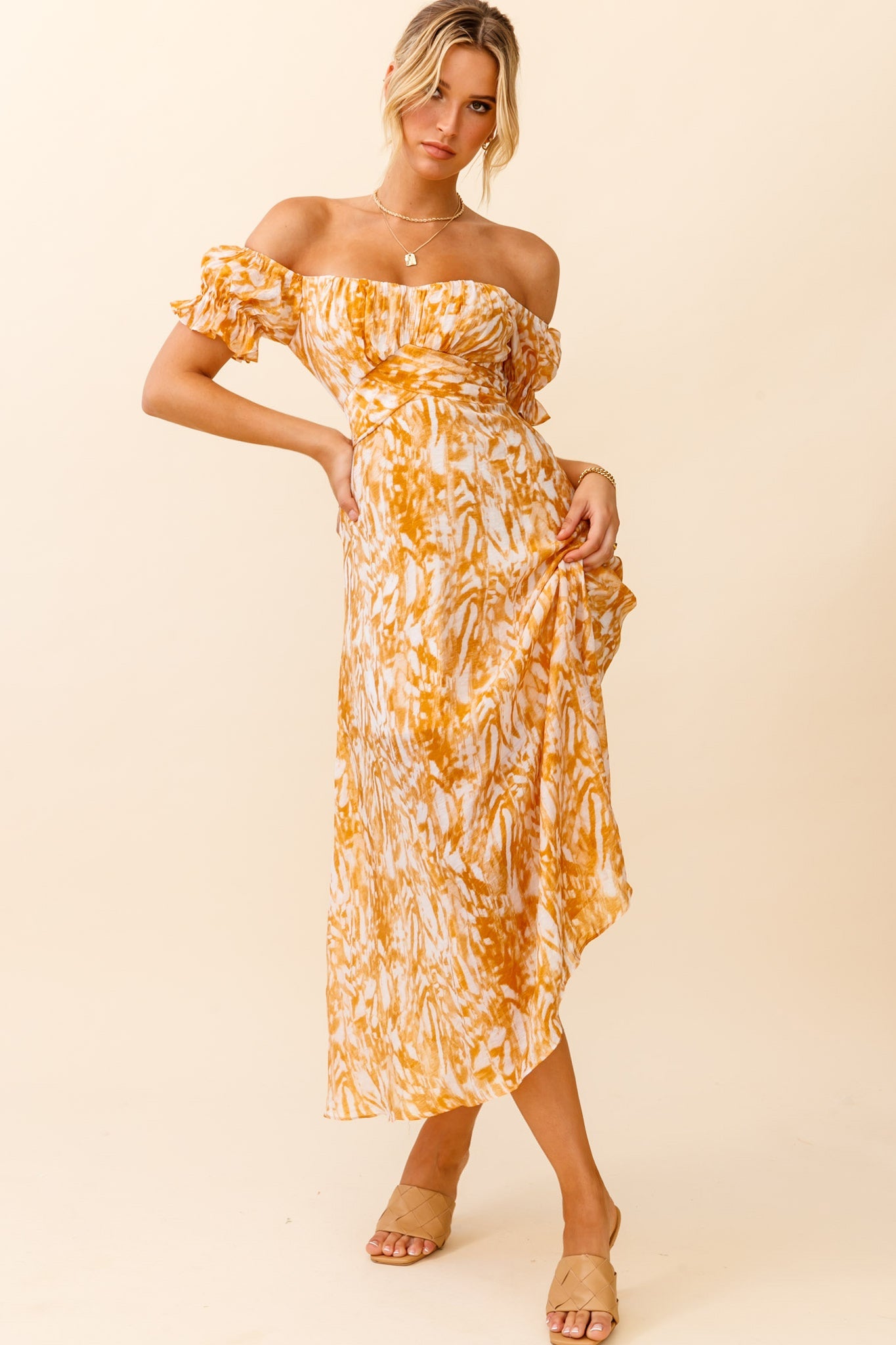 Linka Off-Shoulder Tie Back Midi Dress Printed Orange