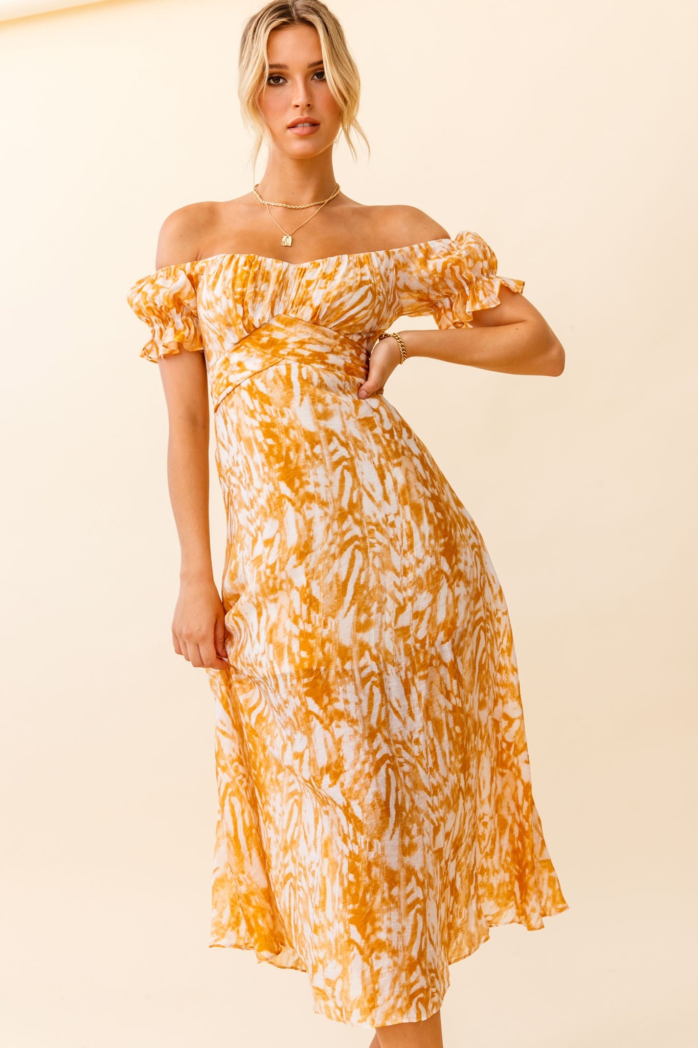 Linka Off-Shoulder Tie Back Midi Dress Printed Orange