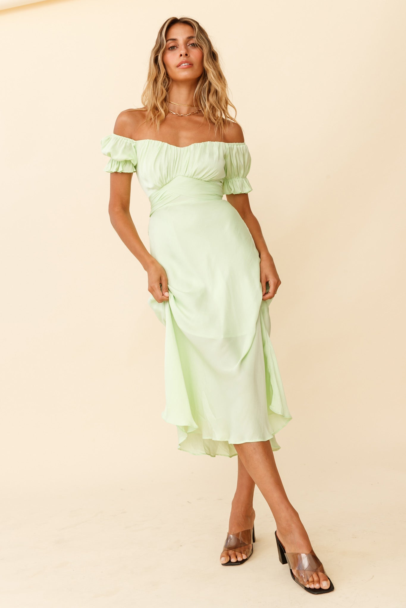 Linka Off-Shoulder Tie Back Midi Dress Apple