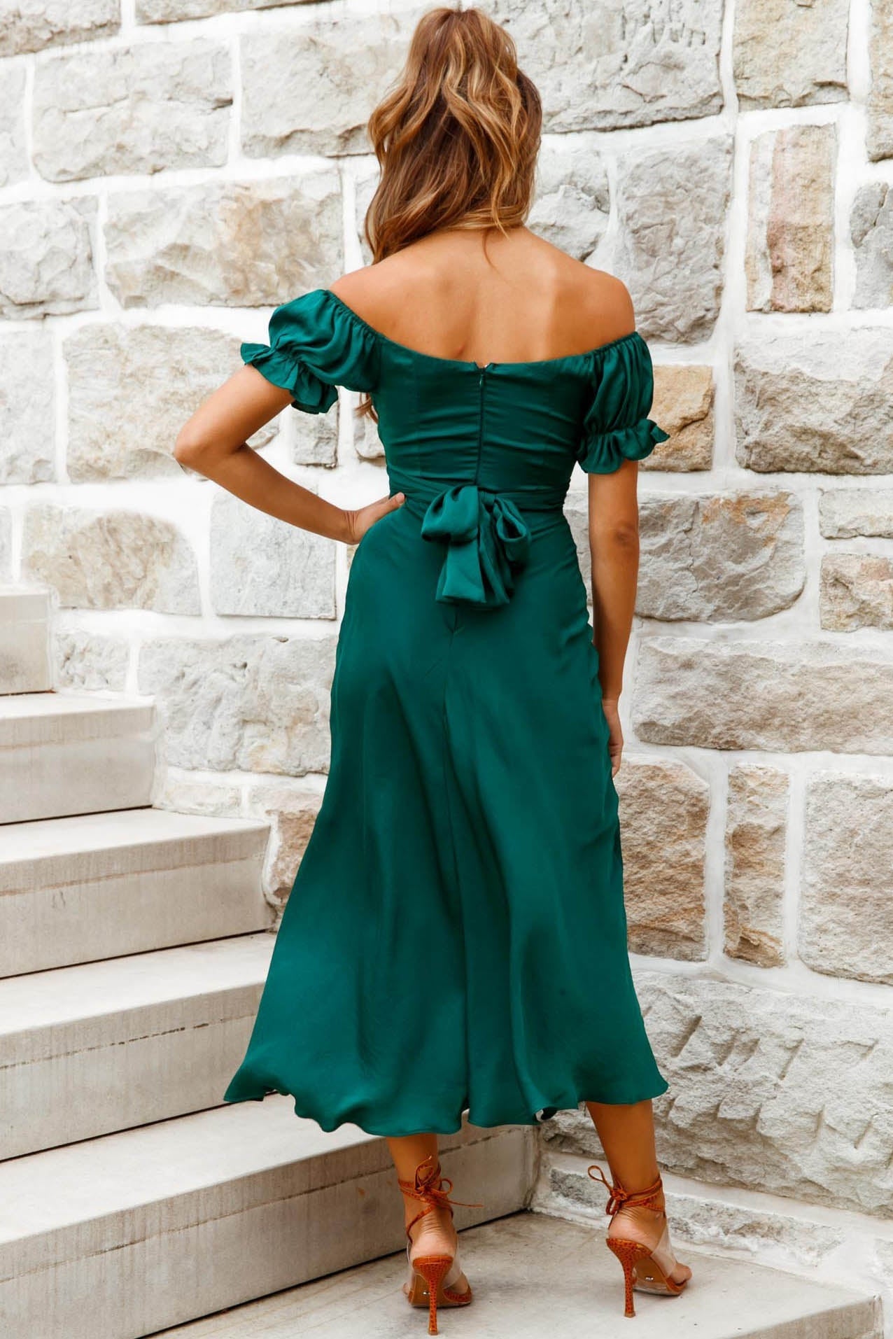 Linka Off-Shoulder Tie Back Midi Dress Forest Green