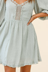 Dream Lover Puff Sleeve Crochet Insert Dress Olive