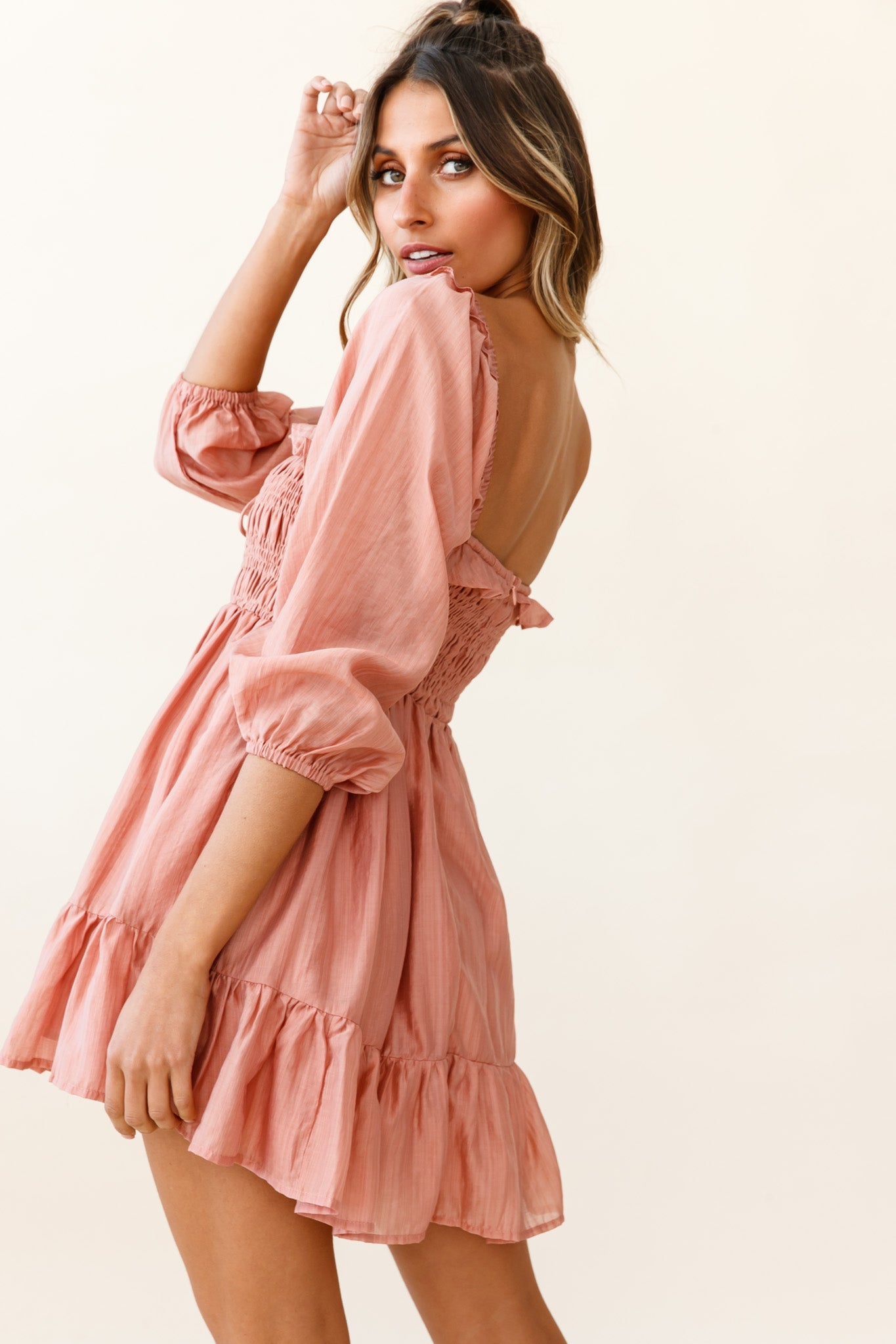 Flynn Balloon Sleeve Shirred Bust Mini Dress Mocha