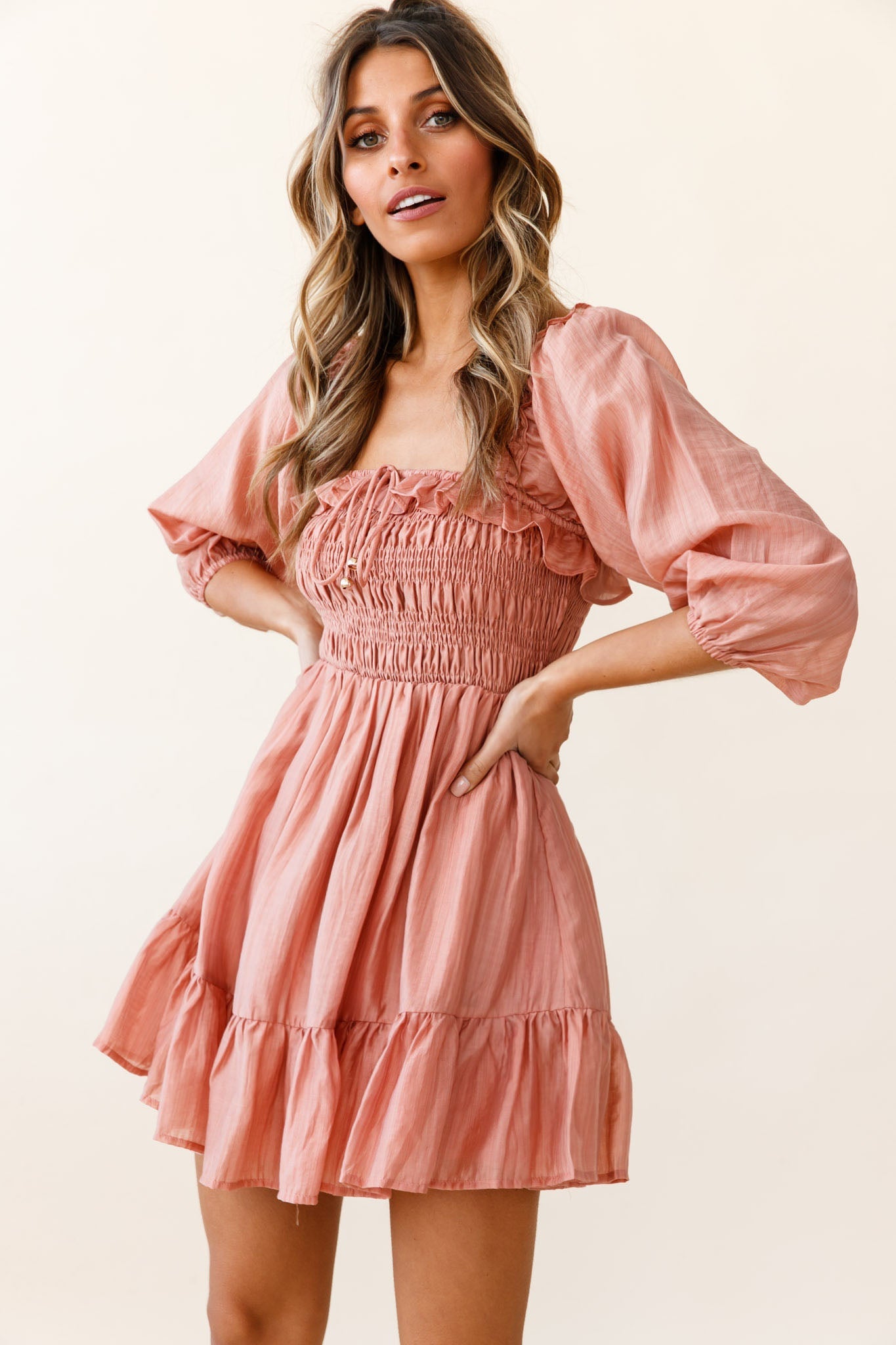 Flynn Balloon Sleeve Shirred Bust Mini Dress Mocha