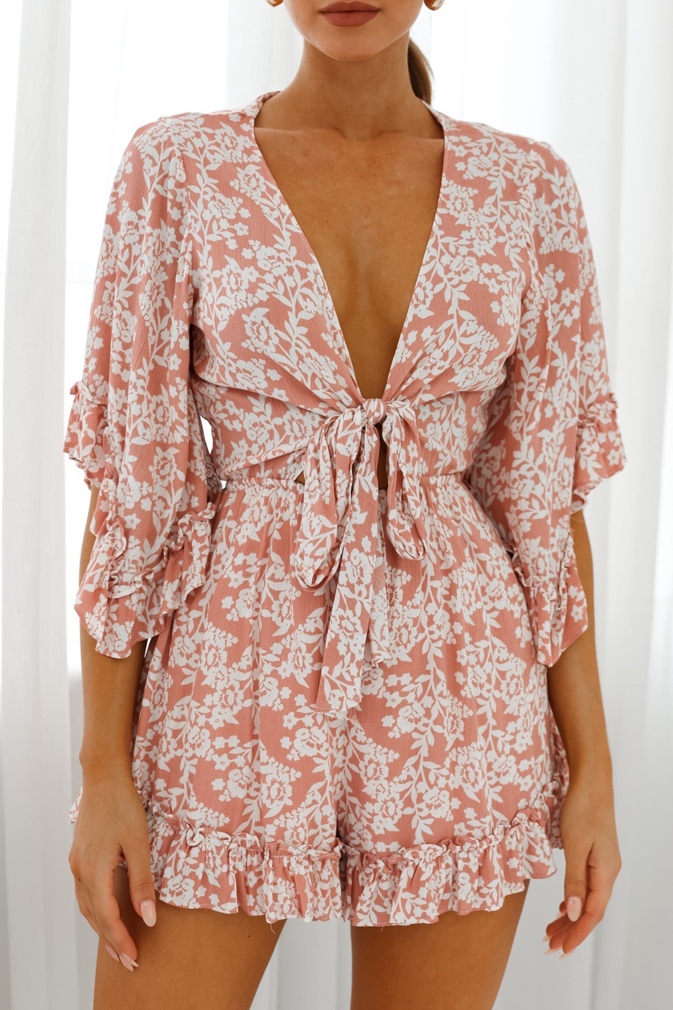 Athira Tied Bust Flared Sleeve Romper Floral Stencil Print Pink
