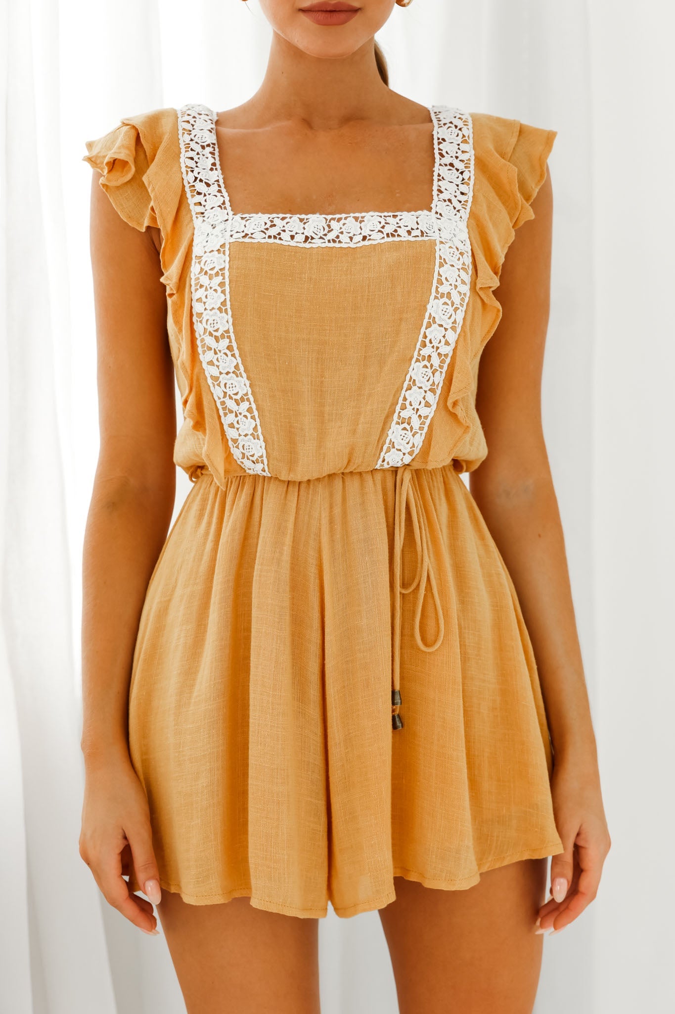 Meet Again Crochet Lace Trim Tie-Up Back Romper Mustard