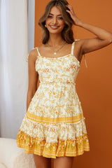 West Coast Frill Trim Tied Shoulders Dress Floral Print Beige Multi
