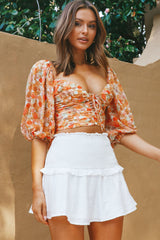 Magic Moment Ruched Tie Bust Crop Top Floral Print Orange