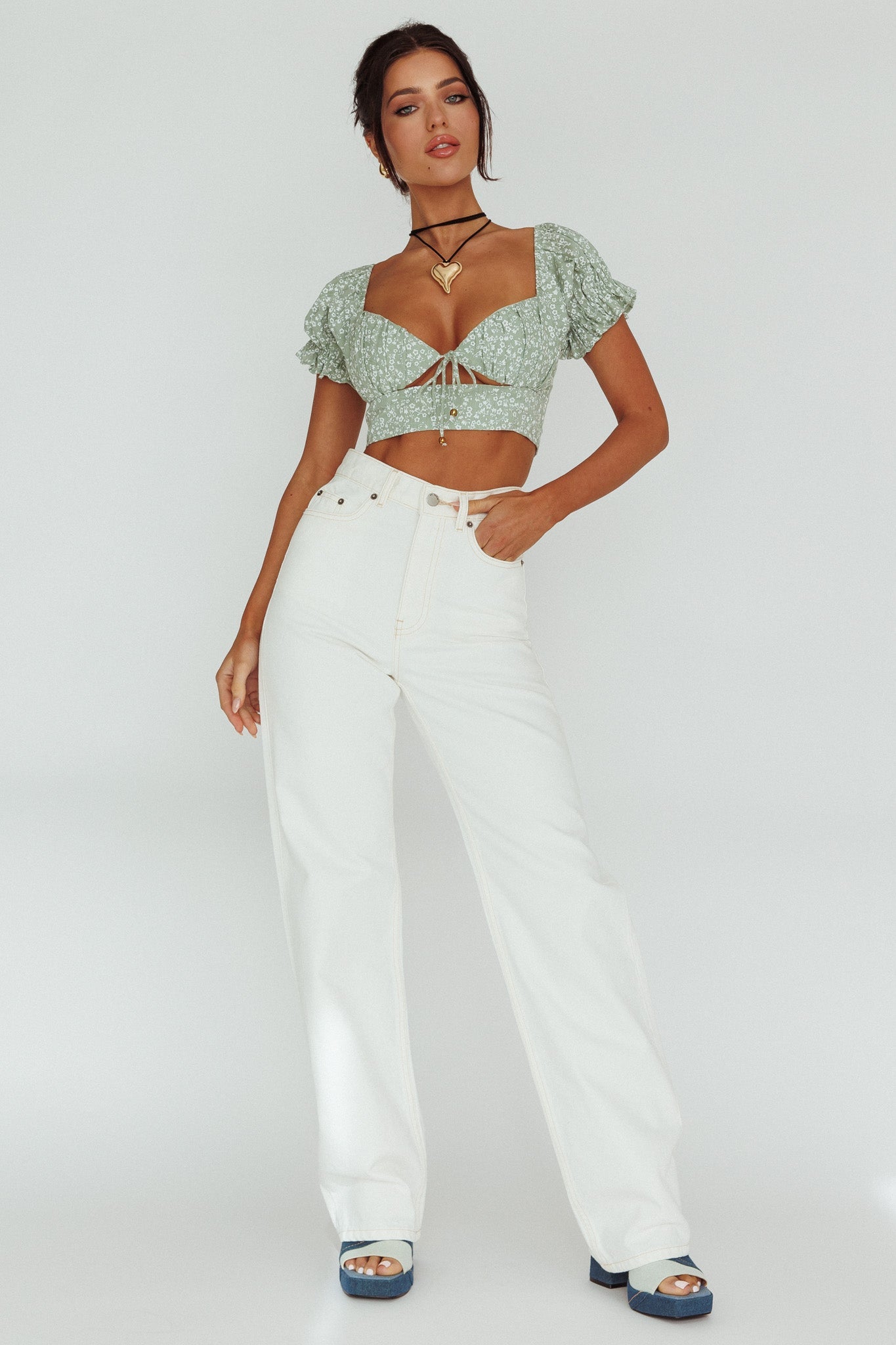 Sweet Romance Sweetheart Neckline Crop Top Floral Sage