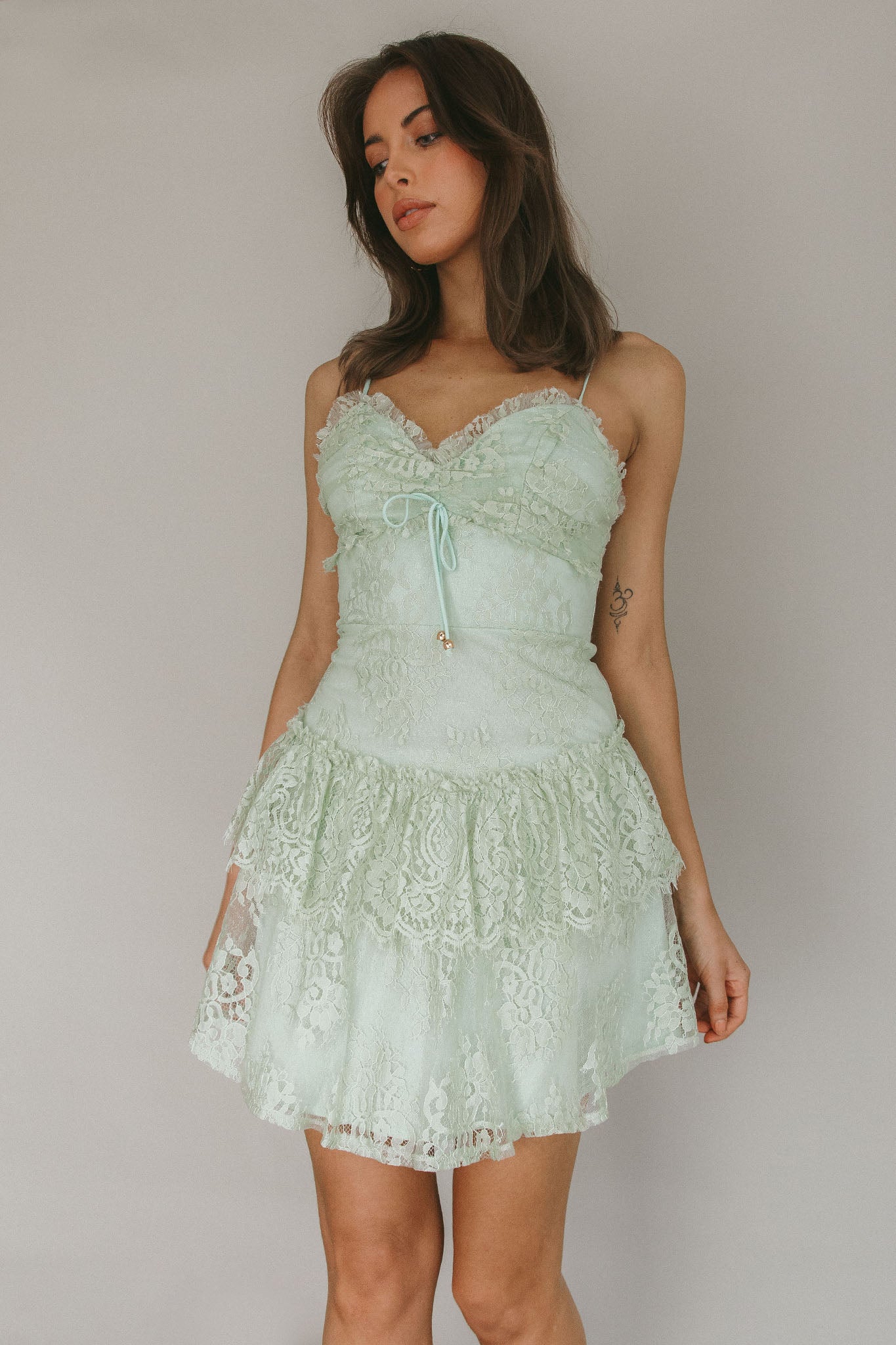 St Tropez Cami Strap Frill Trim Lace Mini Dress Sage