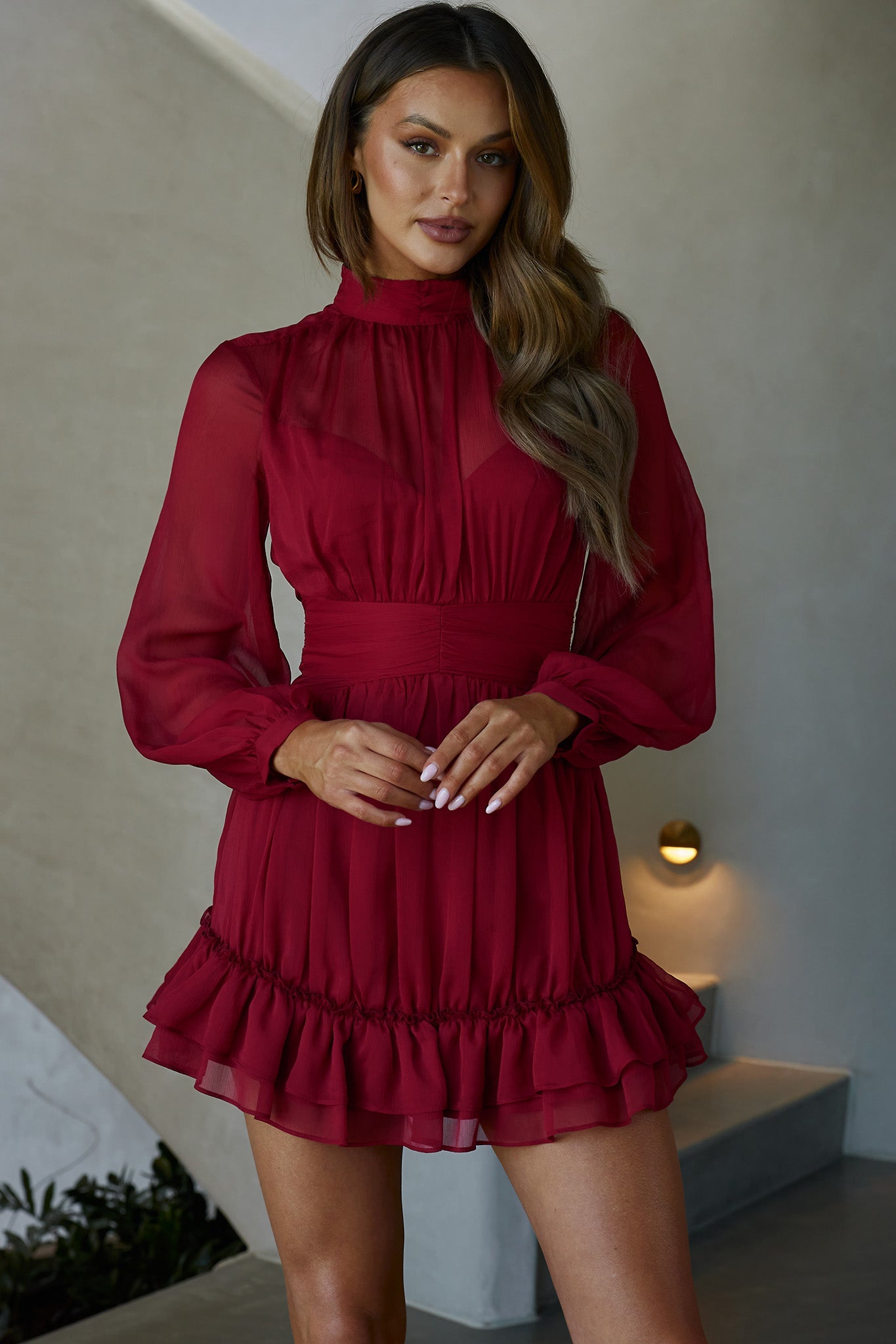 Mandalay High Neck Long Sleeve Waistband Dress Wine